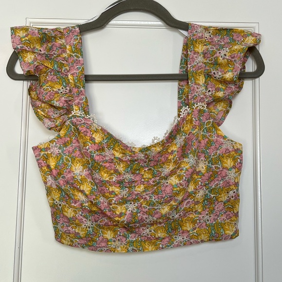 Lulu's Sweeter the Ever Yellow and Pink Flutter Sleeve Crop Top (Small) - Picture 4 of 5